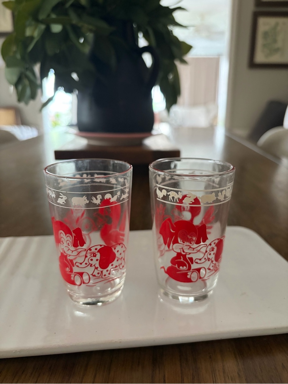 Set of 2 Mid Century Vintage Child’s Juice Glasses – Red Cartoon Animal Design